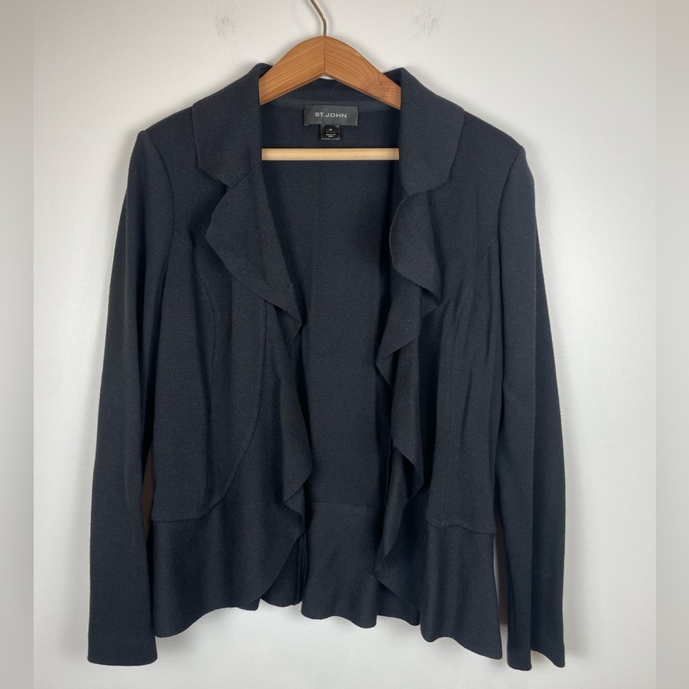 St. John Black Knit Jacket Waterfall Ruffle Open Front Made in USA Size 10